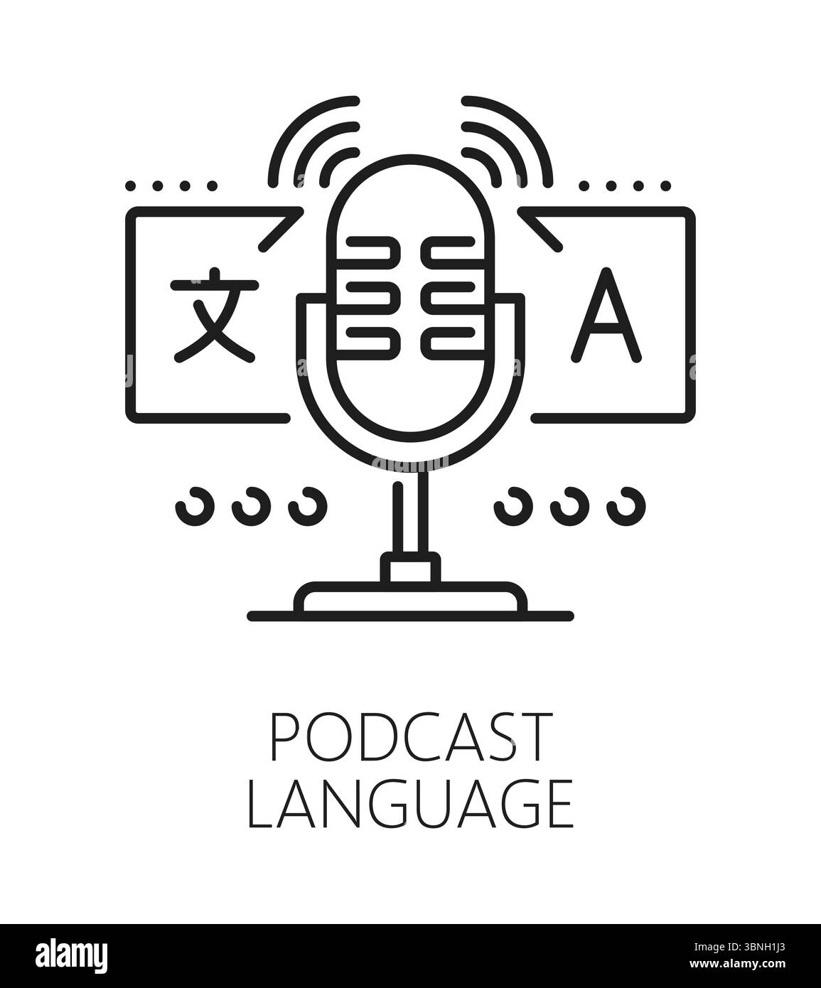 Zeilensymbol oder -Symbol für den Podcast in englischer Sprache. Vokabular dünne Linie Vektor Piktogramm, Sprachwörterbuch lineares Symbol. Übersetzungssymbol in englischer Sprache mit Podcast-Mikrofon Stock Vektor