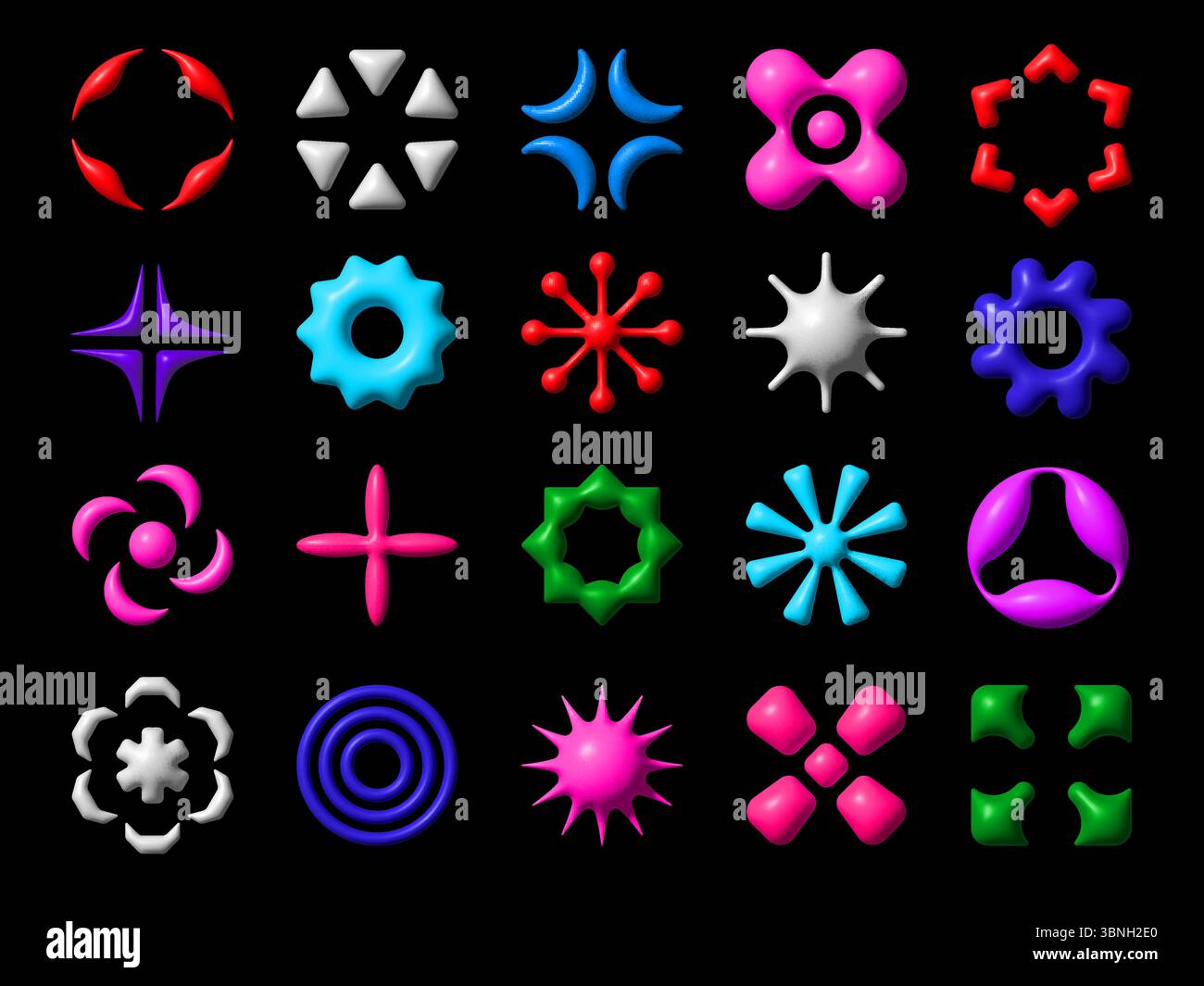 3D y2k Brutalismus Formen und abstrakte geometrische Figuren Vektorsymbole Set. Y2K fließende Farben für Sterne, Funken, Sonne und Blume, Pfeile, Moleküle und Kreis mit futuristischen grafischen Elementen mit Glanzeffekt Stock Vektor