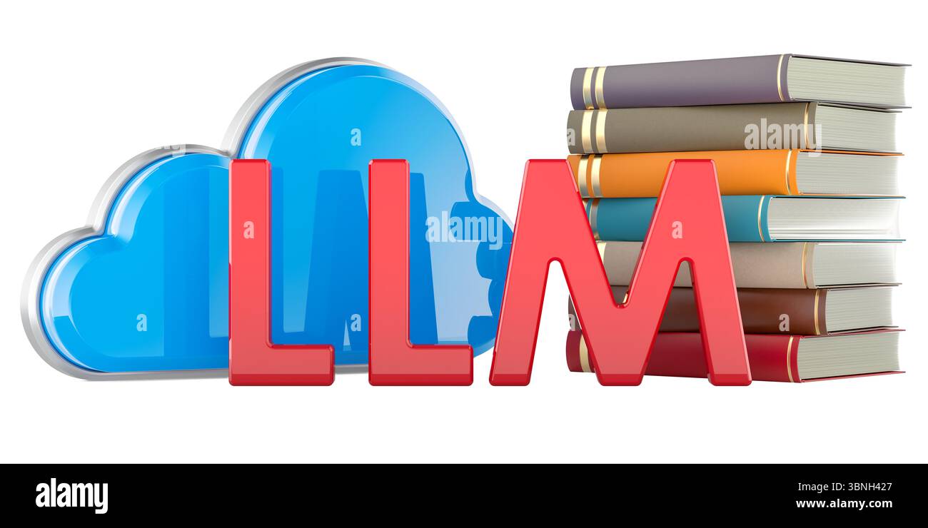 LLM, großes Sprachmodell. LLM mit Cloud-Symbol und Büchern. 3D-Rendering isoliert auf weißem Hintergrund Stockfoto