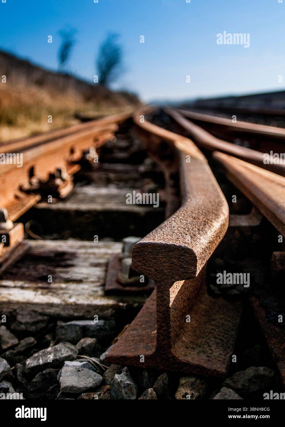 Eine Nahaufnahme von rostigen Eisenbahngleisen, die sich unter einem klaren blauen Himmel in die Ferne krümmen. Stockfoto
