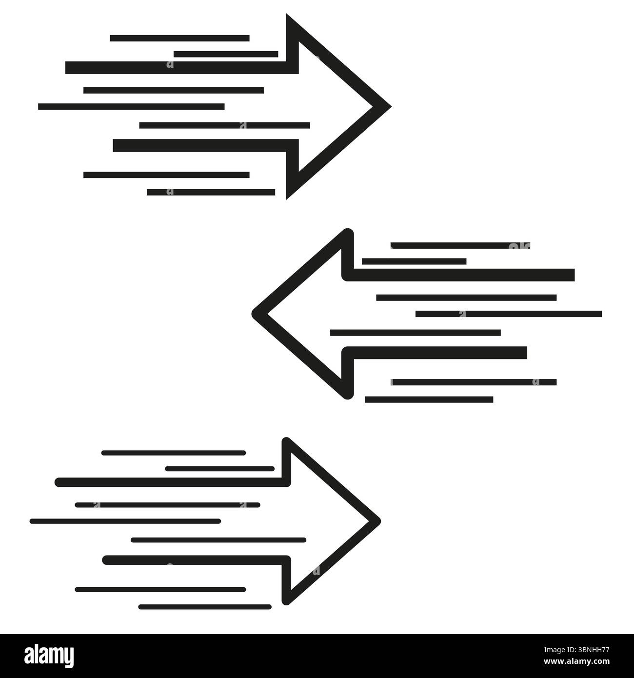 Dreipfeil-Symbol. Bidirektionaler Bewegungsfluss. Geschwindigkeitslinien Vektor. Konturkontrast bereinigen. Stock Vektor