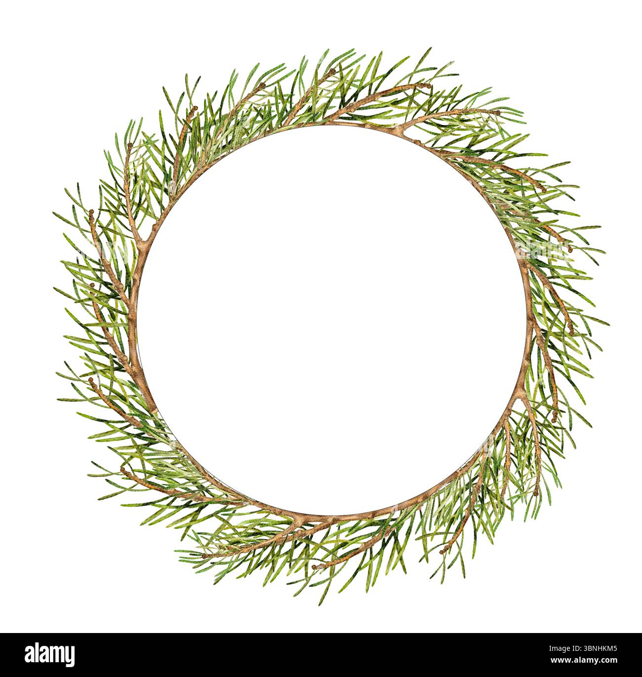 Aquarellabbildung eines runden Rahmens aus grünen Kiefernzweigen. Handgemaltes botanisches Element isoliert auf weiß. Geeignet für Weihnachtskarten, Etikett Stockfoto