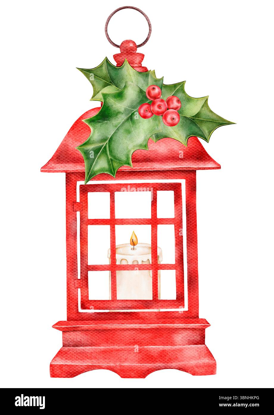 Aquarell-Weihnachtsrand mit stechpalmenblättern und roten Beeren in einem symmetrischen festlichen quadratischen Rahmen. Isoliert auf weiß für Weihnachtskarten Stockfoto