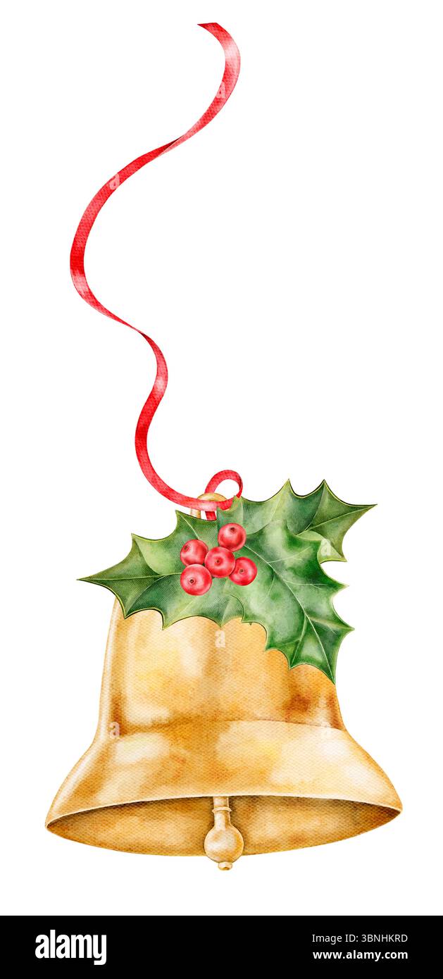 Goldene Weihnachtsglocke mit rotem Band und stechpalmenblättern. Aquarell handgemalte Illustration für Karten, Geschenkpapier, festliches Textil, DIY-Projekte, Stockfoto