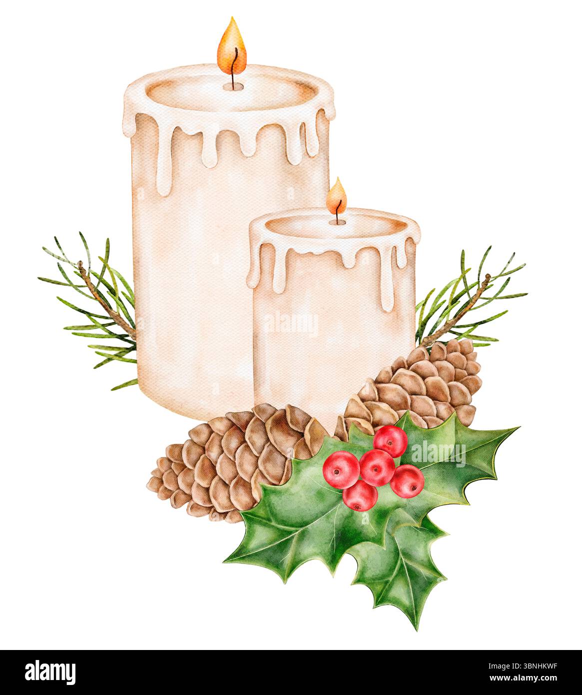 Aquarellillustration von zwei Kerzen mit Tannenzapfen und stechpalme. Weihnachten handgemalt Clipart auf weiß. Perfekt für Wintergrußkarten und Verpackungen Stockfoto