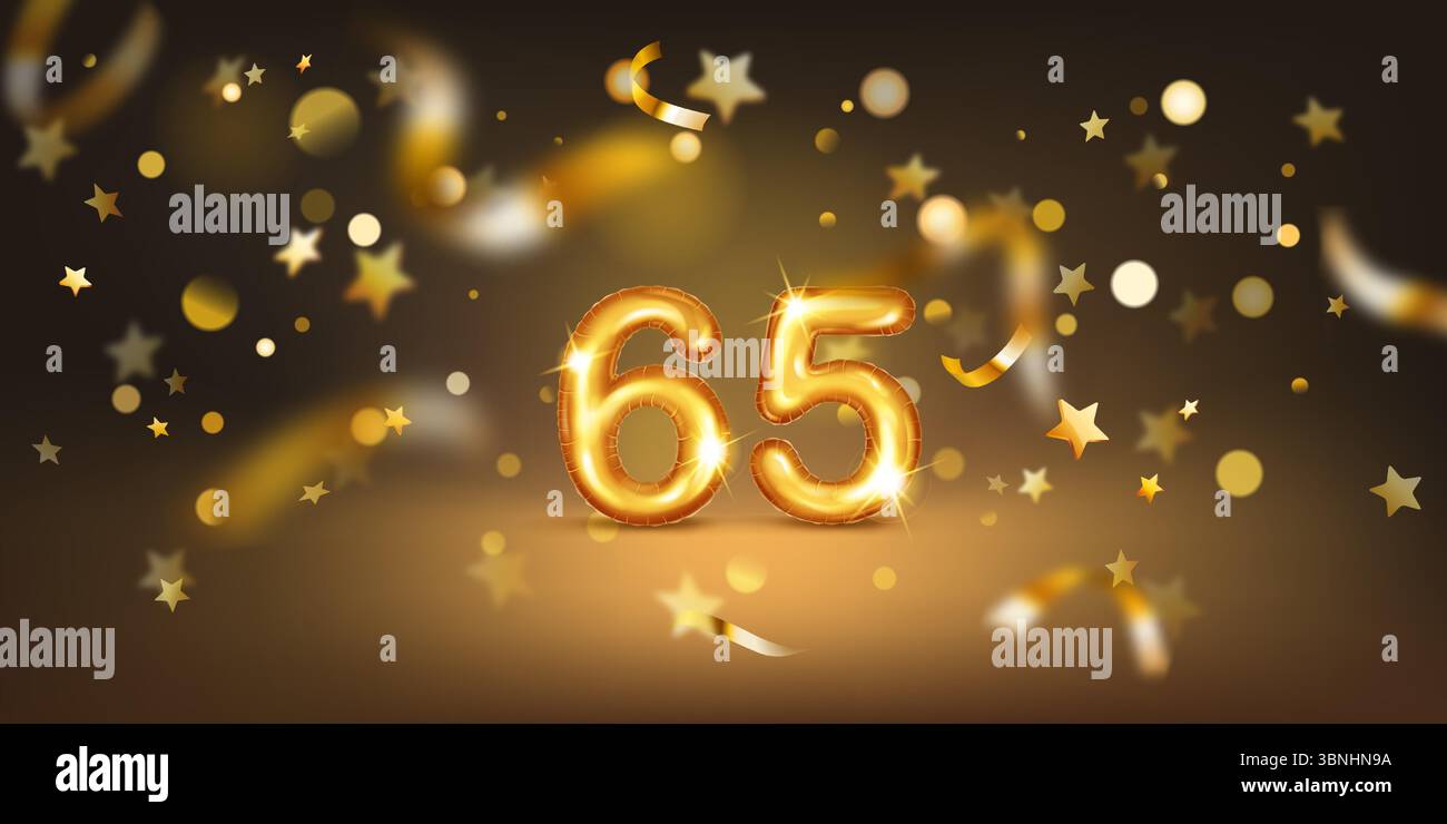 Goldener Ballon in Form der Zahl 65, vor einem dunklen Hintergrund mit weichen Bokeh-Lichtern und verstreuten goldenen Sternen und Bändern, Crea Stock Vektor