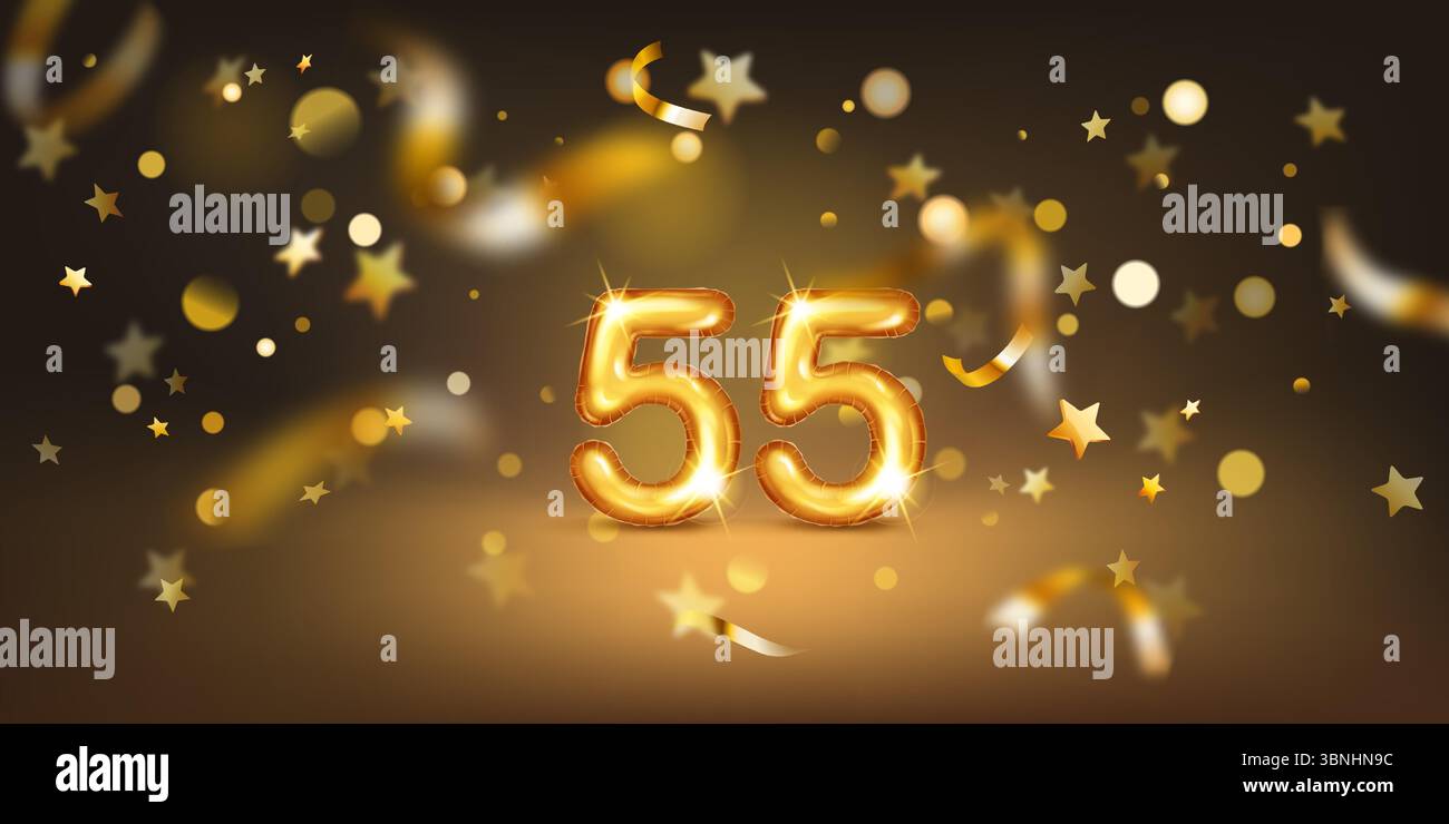 Goldener Ballon in Form der Zahl 55, vor einem dunklen Hintergrund mit weichen Bokeh-Lichtern und verstreuten goldenen Sternen und Bändern, Crea Stock Vektor