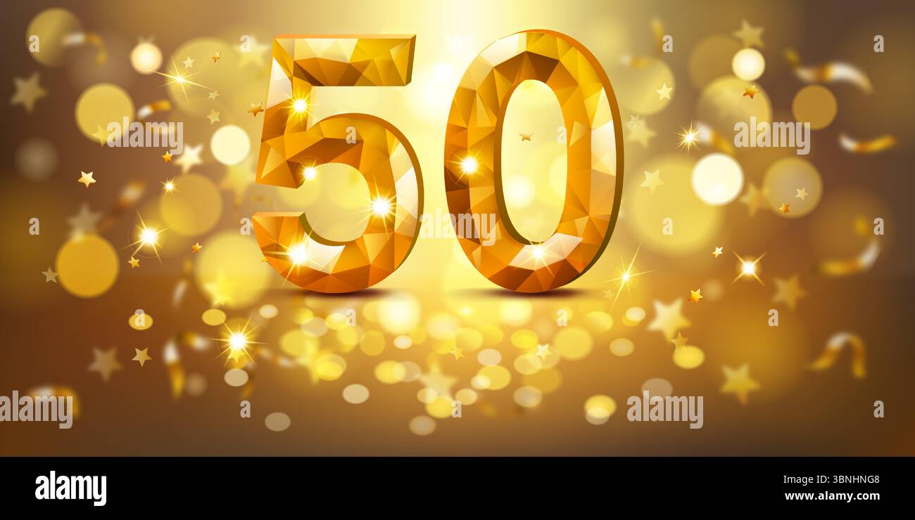 Goldene Zahl 50 mit facettiertem, juwelenähnlichem Aussehen, vor einem warmen, goldenen Hintergrund, gefüllt mit sanften Bokeh-Lichtern und verstreuten goldenen Sternen, Stock Vektor