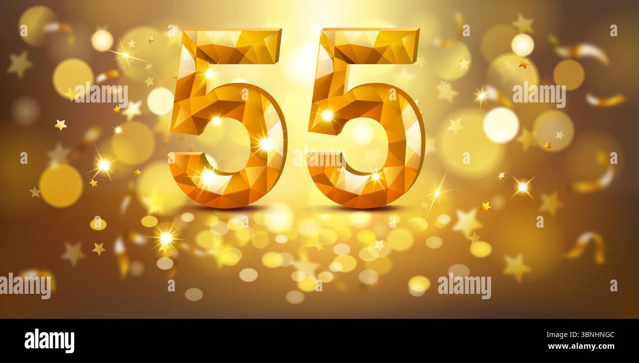 Goldene Zahl 55 mit facettiertem, juwelenähnlichem Aussehen, vor einem warmen, goldenen Hintergrund, gefüllt mit sanften Bokeh-Lichtern und verstreuten goldenen Sternen, Stock Vektor