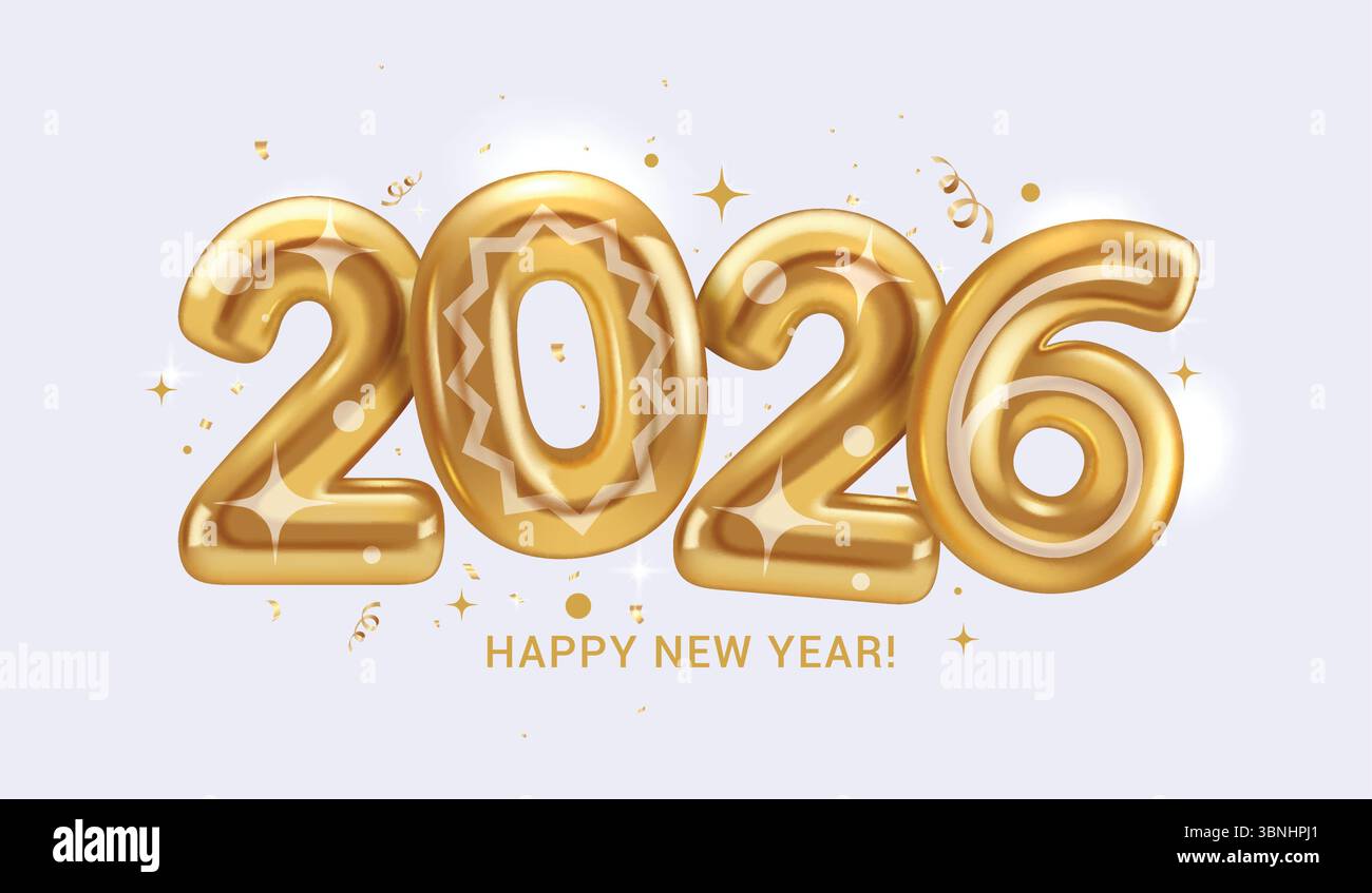 Happy New Year 2026 Clipart Design. 2026 Goldzahlen mit Konfetti-Elementen Jahr des Pferdes Clipart in weißem eleganten Hintergrund Vektor Stock Vektor