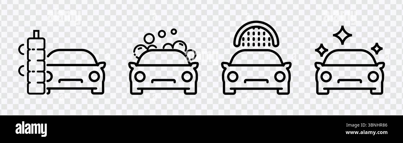„Autowaschanlage Icons Collection – Seife, Blasen und glänzende saubere Autosymbole“ Stock Vektor