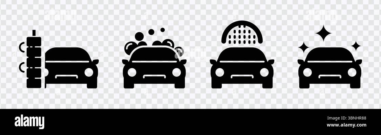 „Autowaschanlage Icons Collection – Seife, Blasen und glänzende saubere Autosymbole“ Stock Vektor
