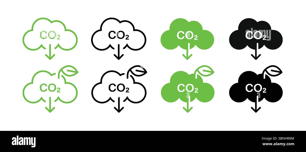 „CO₂-Wolkensymbole – CO2-Emissionssymbole in Grün, Schwarz und weiß“ Stock Vektor