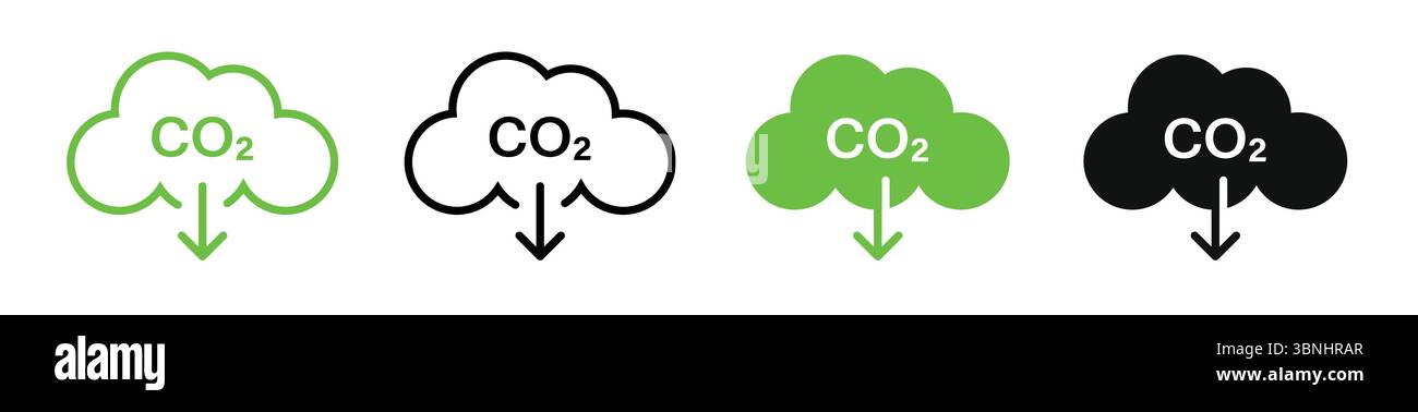 „CO₂-Wolkensymbole – CO2-Emissionssymbole in Grün, Schwarz und weiß“ Stock Vektor