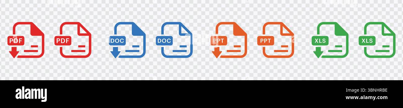 Dateiformatsymbole (PDF, DOC, PPT, XLS) Stock Vektor