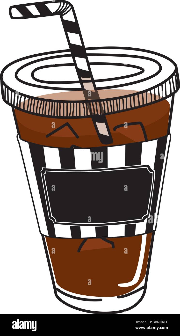 Vektor-Illustration von Eiskaffee in einer Plastiktasse zum Mitnehmen mit einer schwarz gestreiften Hülle und Strohhalm. Perfekt für Café-Branding oder Sommergetränk. Stock Vektor