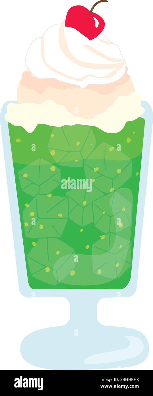 Eine farbenfrohe Vektor-Illustration eines Melonensoda-Floats mit Schlagsahne, Kirsche und Eiswürfeln in einem Dessertglas. Transparenter Hintergrund. Stock Vektor