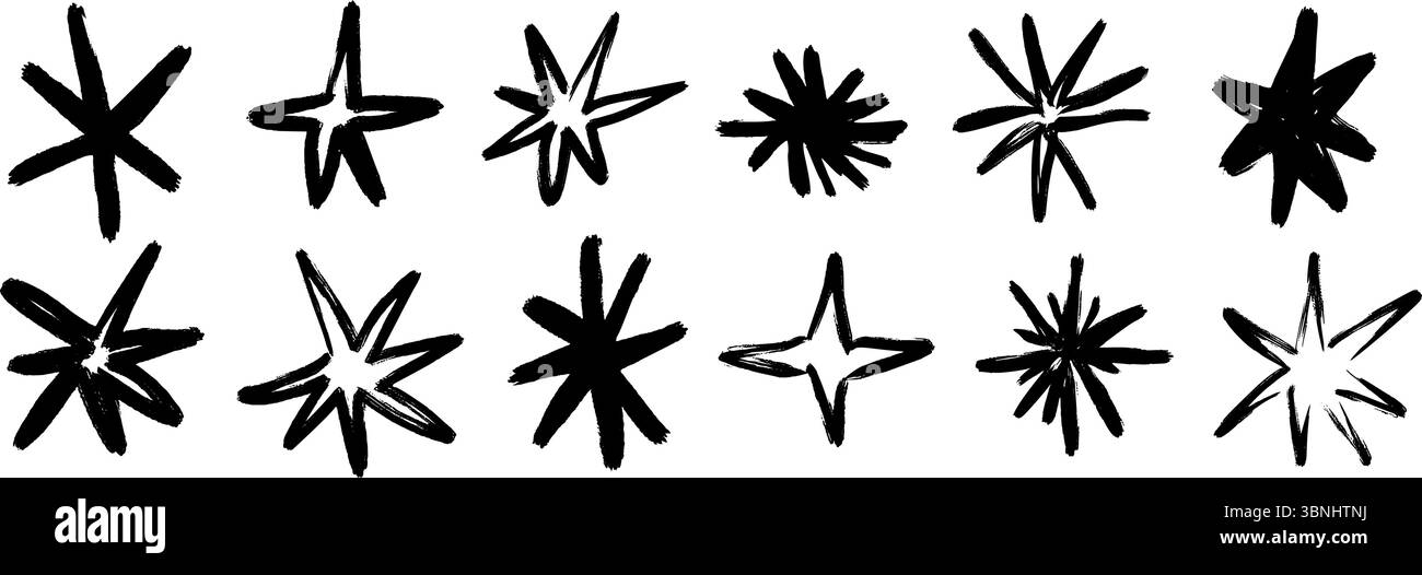 Schwarzer Buntstift handgezeichnete Sterne gesetzt. Kollektion mit kindlichem Doodled Funken und Glitzern. Grinsen mit rauem Pinselstrich, Glanzelement-Paket für Collage, Poster, Aufkleber, Etikett. Mit Bleistift skizzierte Symbole. Vektor Stock Vektor