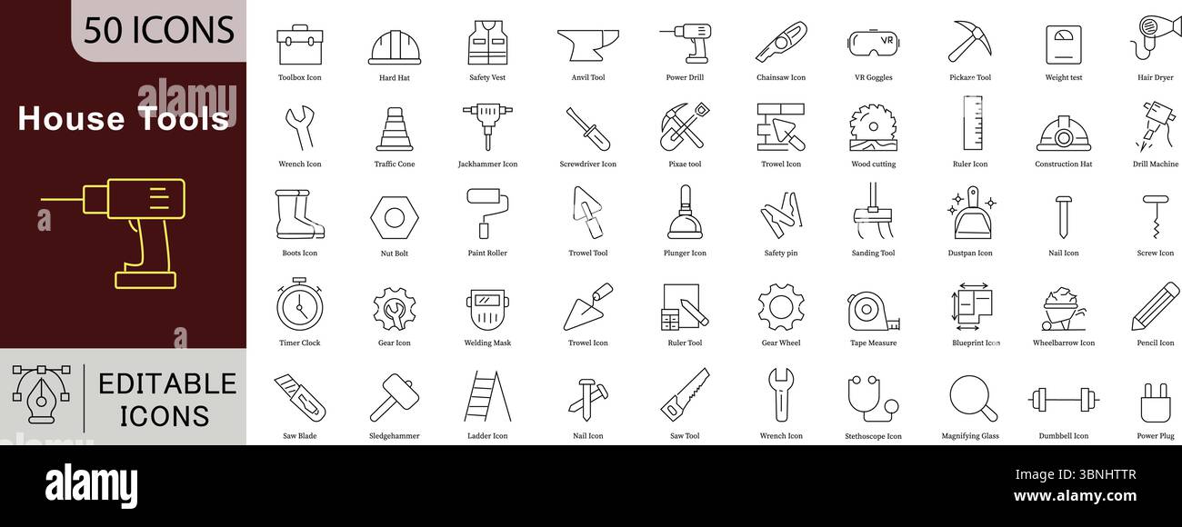 Zeilensymbole für Hauswerkzeuge: DIY-, Bau-, Reparatur- und Hausverbesserungsvektoren Stock Vektor