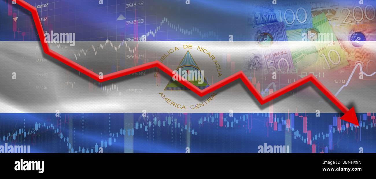 Finanzkrise in Nicaragua auf dem Wirtschaftsdiagramm. Finanzieller Rückgang Nicaraguas auf dem Wirtschaftsmarkt Stockfoto
