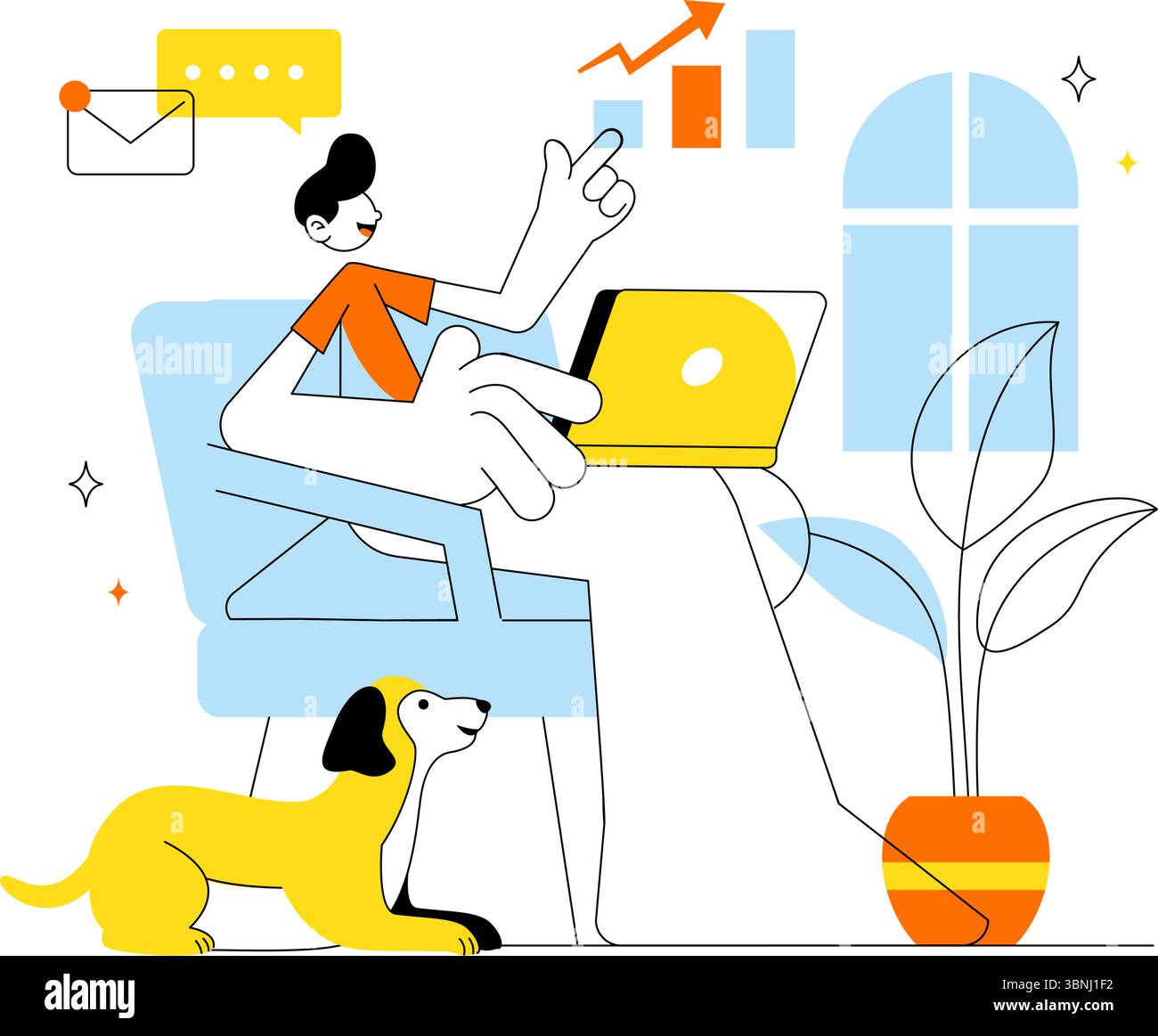 Vektor-Illustration für die Einrichtung von Fernarbeiten mit Flextime für eine ausgewogene Arbeitsumgebung, die Flexibilität und Produktivität von zu Hause aus betont Stock Vektor