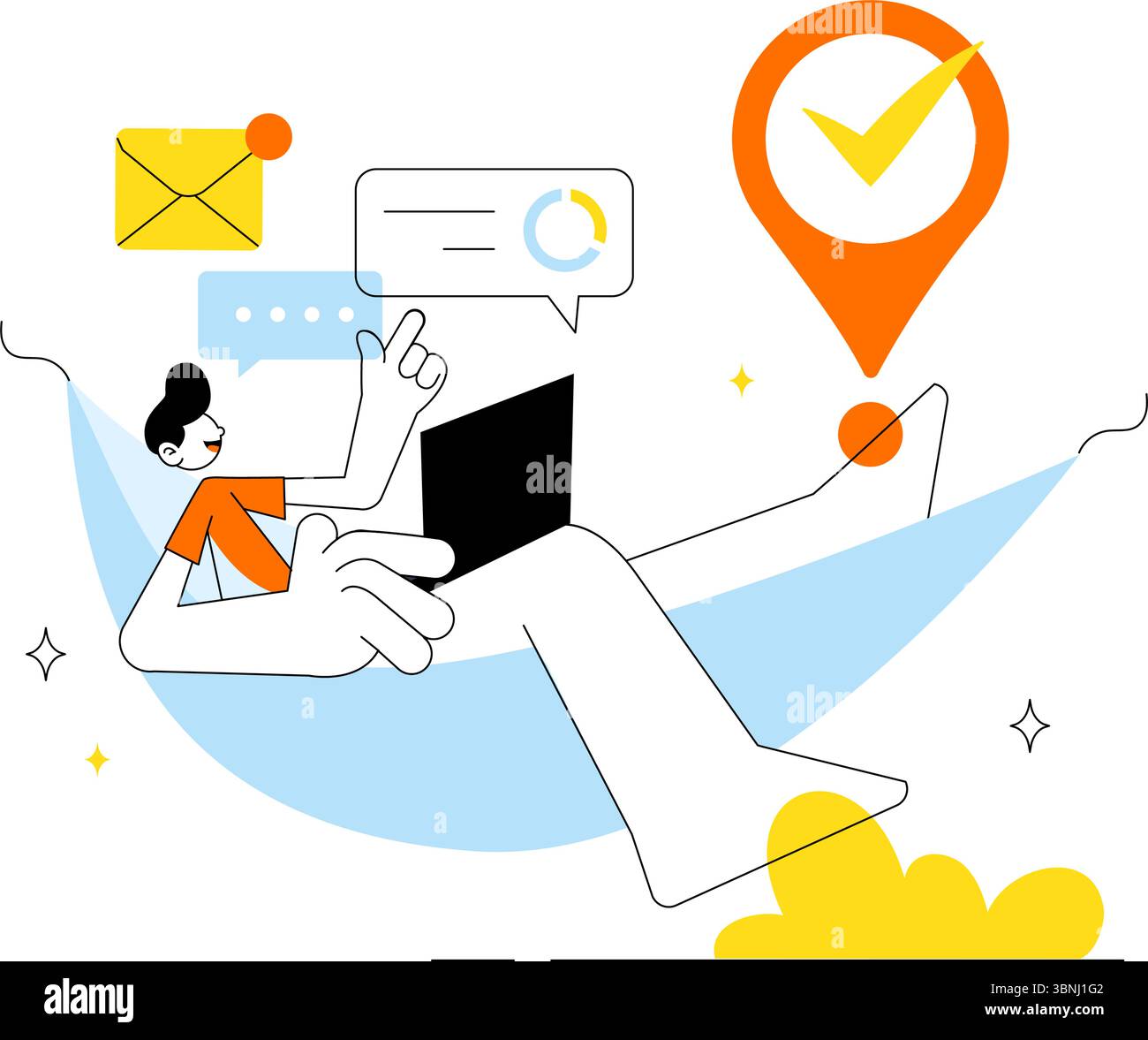 Vektor-Illustration für die Einrichtung von Fernarbeiten mit Flextime für eine ausgewogene Arbeitsumgebung, die Flexibilität und Produktivität von zu Hause aus betont Stock Vektor