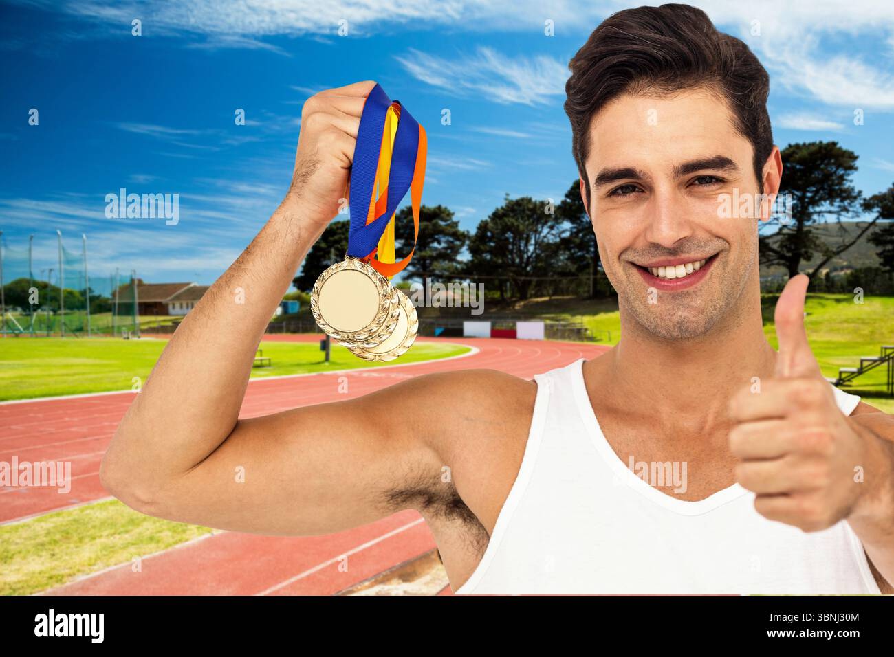 Porträt eines Mannes, der das Schild mit den Daumen nach oben zeigt Stockfoto