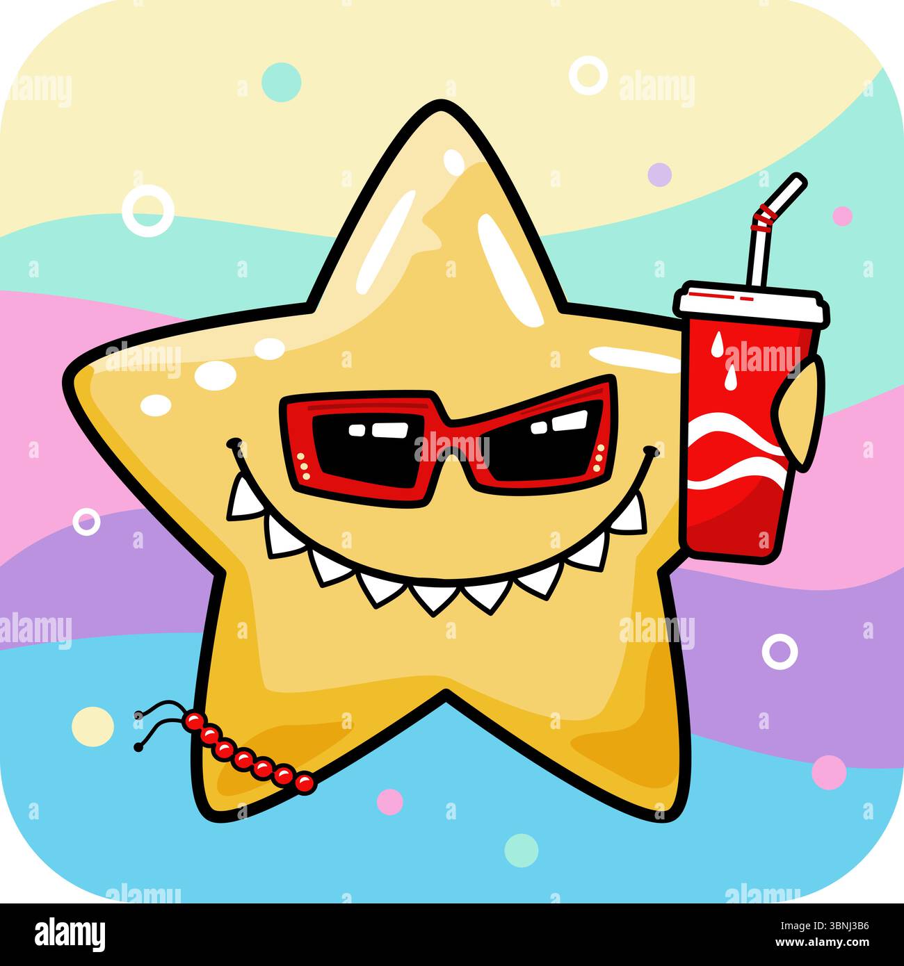 Fröhlicher Smiley-Star mit Limonade, der ein Armband trägt Stock Vektor