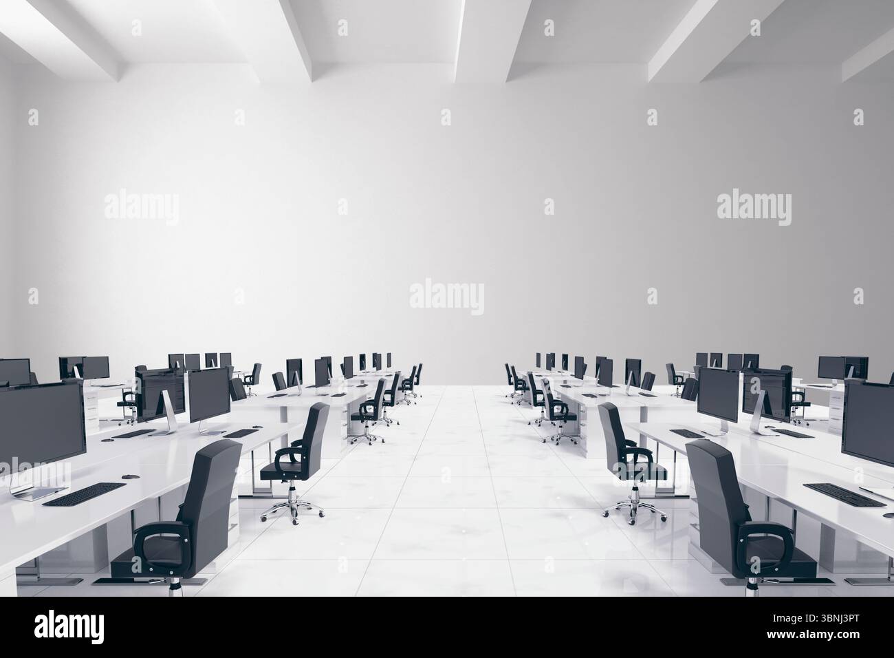 Die flache Illustration zeigt ein Büro mit weißen Schreibtischen, schwarzen Stühlen, Monitoren und freiliegenden Balken Stockfoto