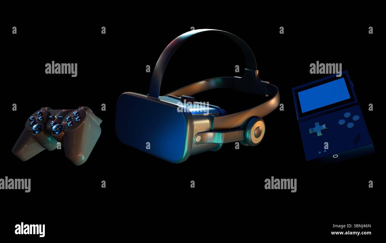 Ein 3D-Rendering von drei verschiedenen Spieltechnologien, einem Gamecontroller, einem VR-Headset (Virtual Reality) und einer Handheld-Spielkonsole. Stockfoto