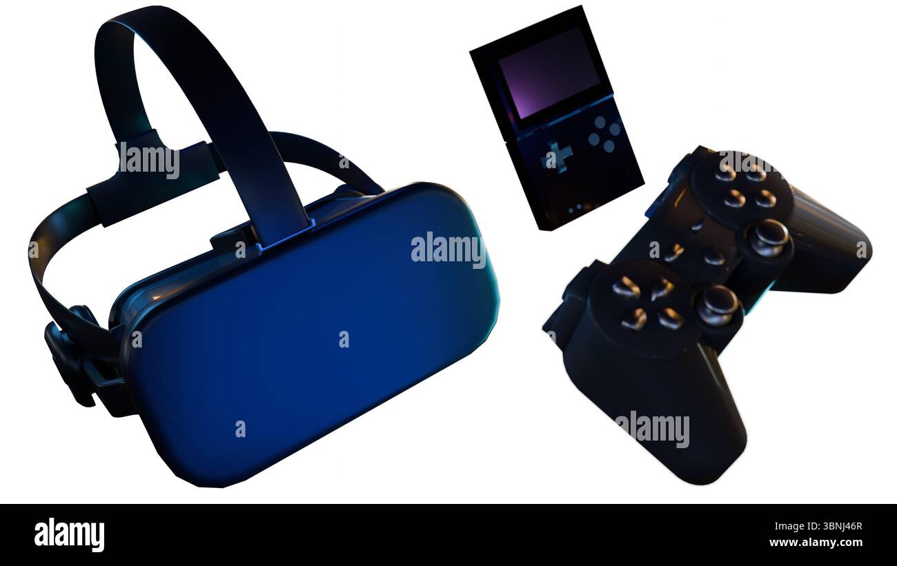 Ein 3D-Rendering von drei verschiedenen Spieltechnologien, einem Gamecontroller, einem VR-Headset (Virtual Reality) und einer Handheld-Spielkonsole. Stockfoto