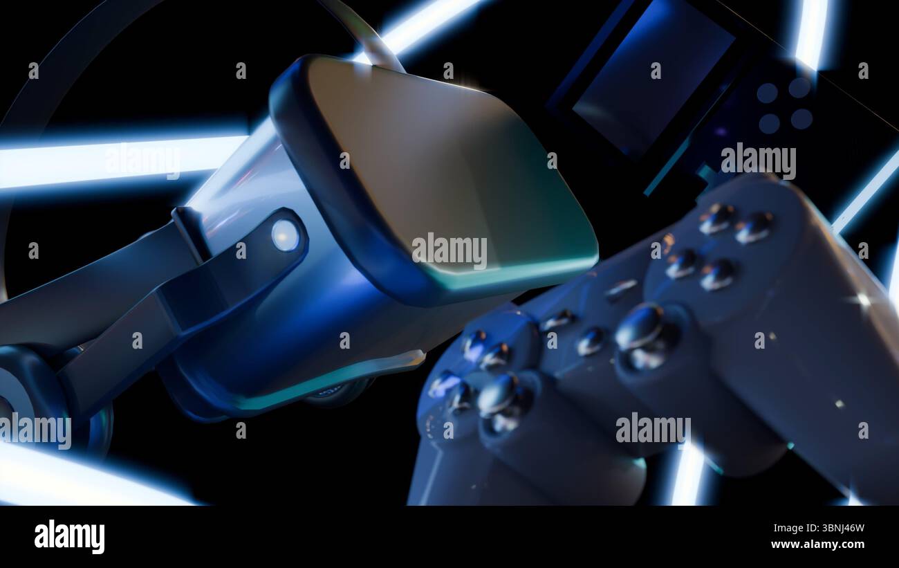 Ein 3D-Rendering von drei verschiedenen Spieltechnologien, einem Gamecontroller, einem VR-Headset (Virtual Reality) und einer Handheld-Spielkonsole. Stockfoto