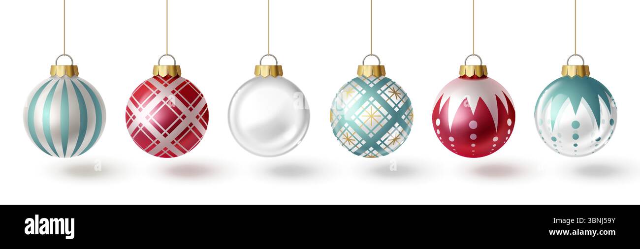 Weihnachtsbaumkugel im 3D-Glas-Stil mit dekorativen Mustern - gestreifte, karierte, geometrische und gepunktete Ornamente, die an goldenen Strängen hängen, farbenfrohe Weihnachtsdekorationen für festliche Designs. Stock Vektor