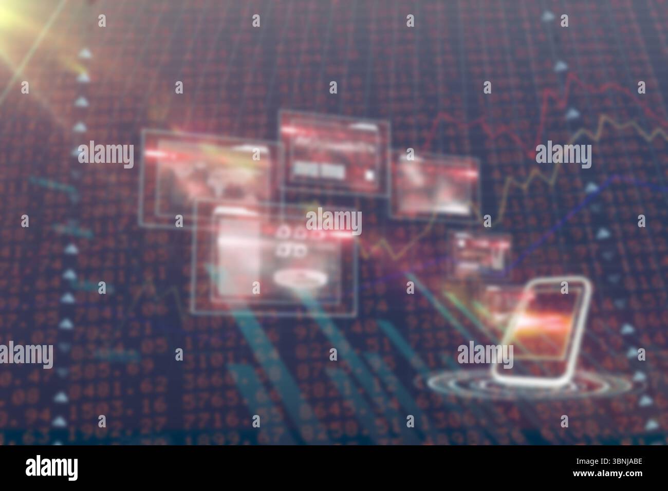 Mehrere Bildschirme auf dem Handelstisch Stockfoto