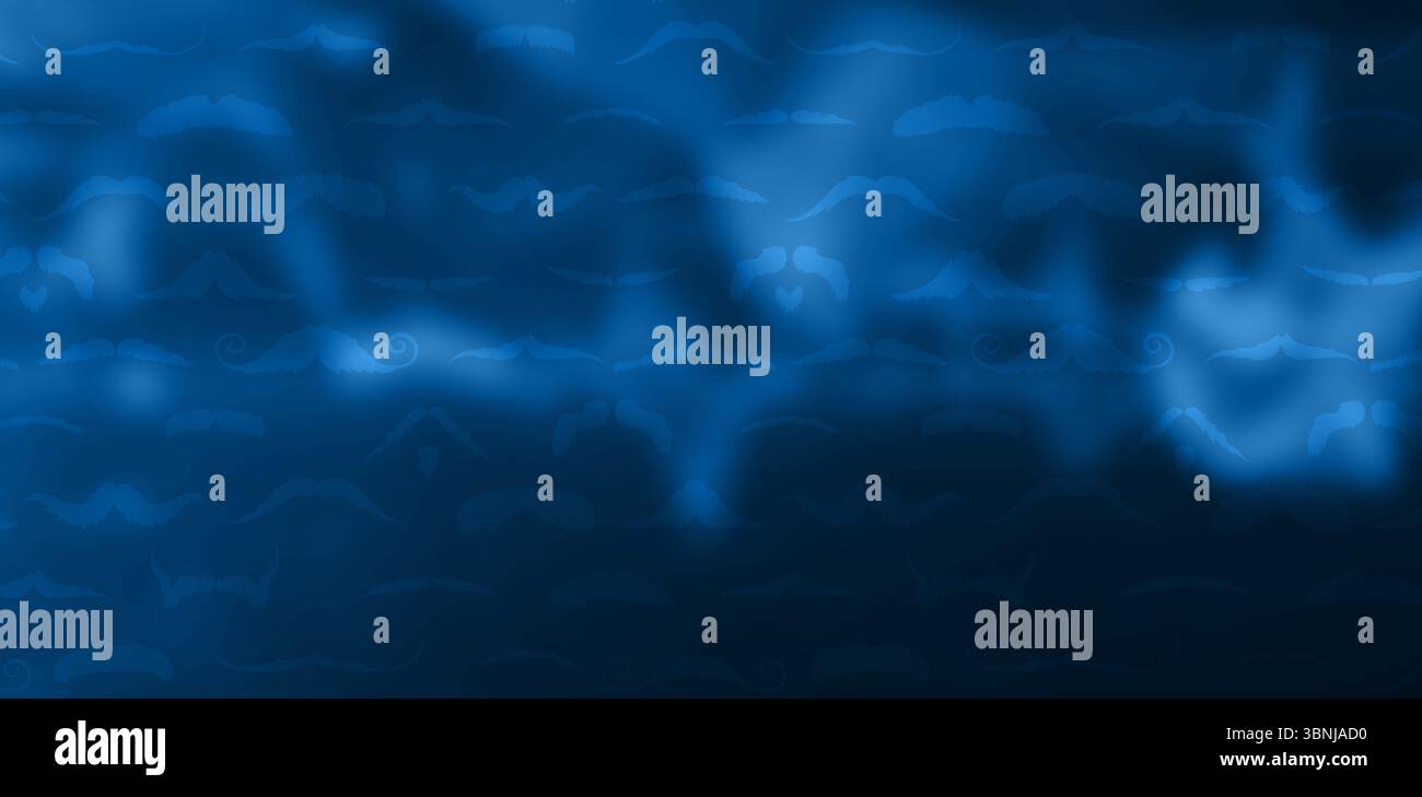 Schnurrbart-Silhouetten-Muster bilden sich in flachem Vektor-Design und zeigen einen blauen Farbverlauf als Hintergrund Stockfoto