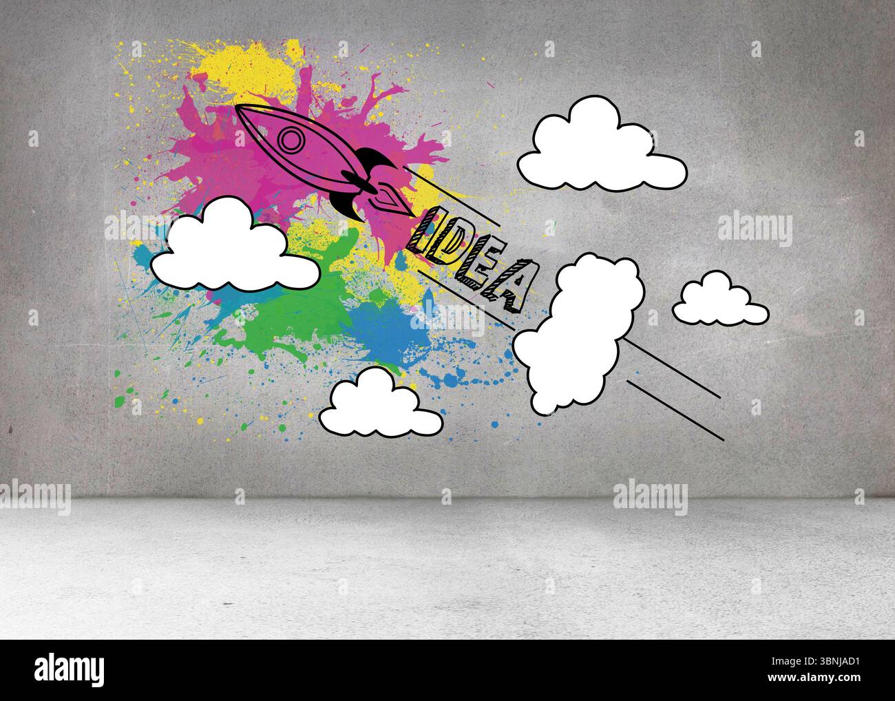 DIE IDEE mit Raketenbeschrifteten explodiert durch farbenfrohe Spritzer und Wolken in Graffiti-Wandgemälde Stockfoto