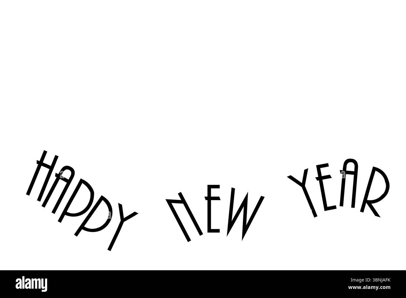 Schwarze Buchstaben bilden gewellten „HAPPY NEW YEAR“-Text auf weißem, flachem Hintergrund Stockfoto