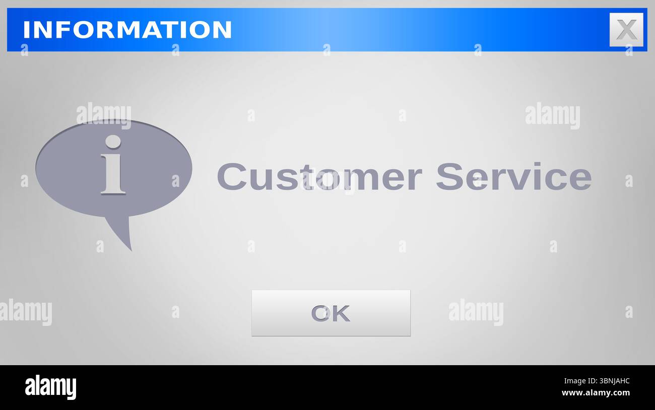 Abbildung: Informationen und Text für den Kundenservice mit der Schaltfläche OK im Seitenfenster der Website Stockfoto