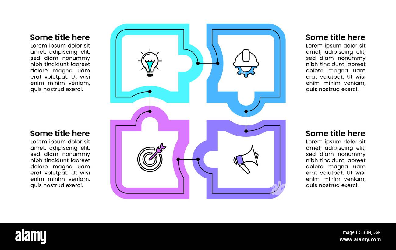 Infografik-Vorlage mit Symbolen und 4 Optionen oder Schritten. Puzzle. Kann für Workflow-Layout, Banner, Diagramm und Webdesign verwendet werden. Vektorabbildung Stock Vektor