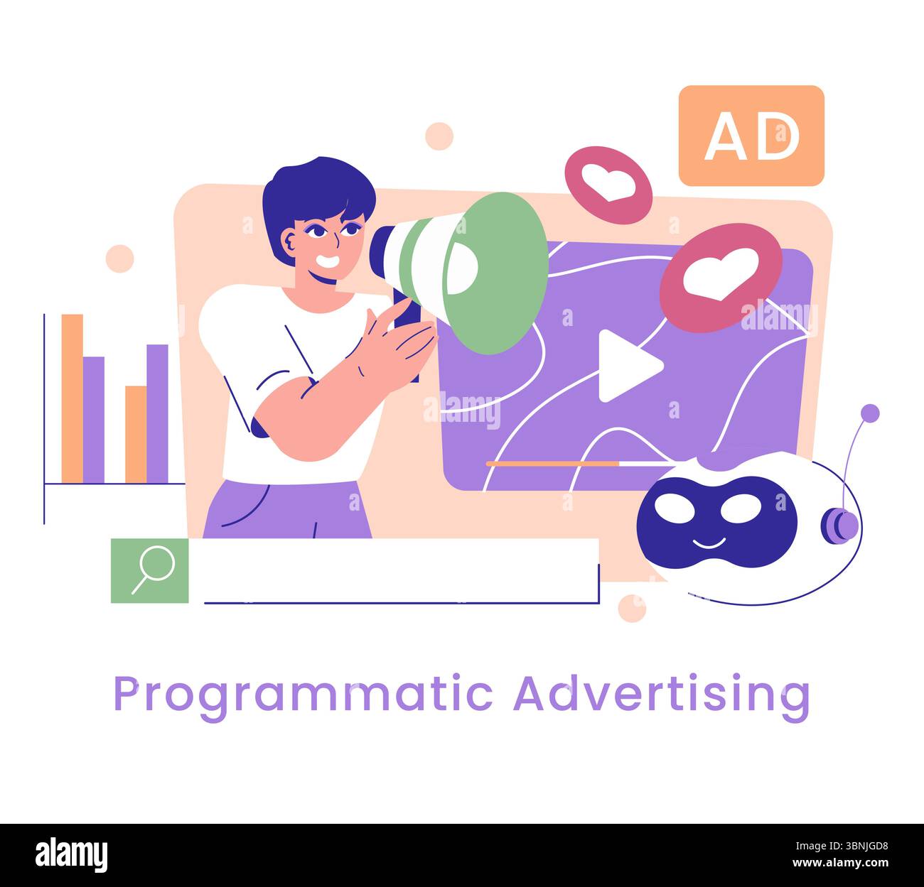 KI im Marketing verändert die Art und Weise, wie Unternehmen ihre Zielgruppen durch programmatische Werbung erreichen. Diese Abbildung zeigt einen Marketingspezialisten, der Technologie nutzt, um Kunden zu binden und Kampagnen zu optimieren. Stock Vektor