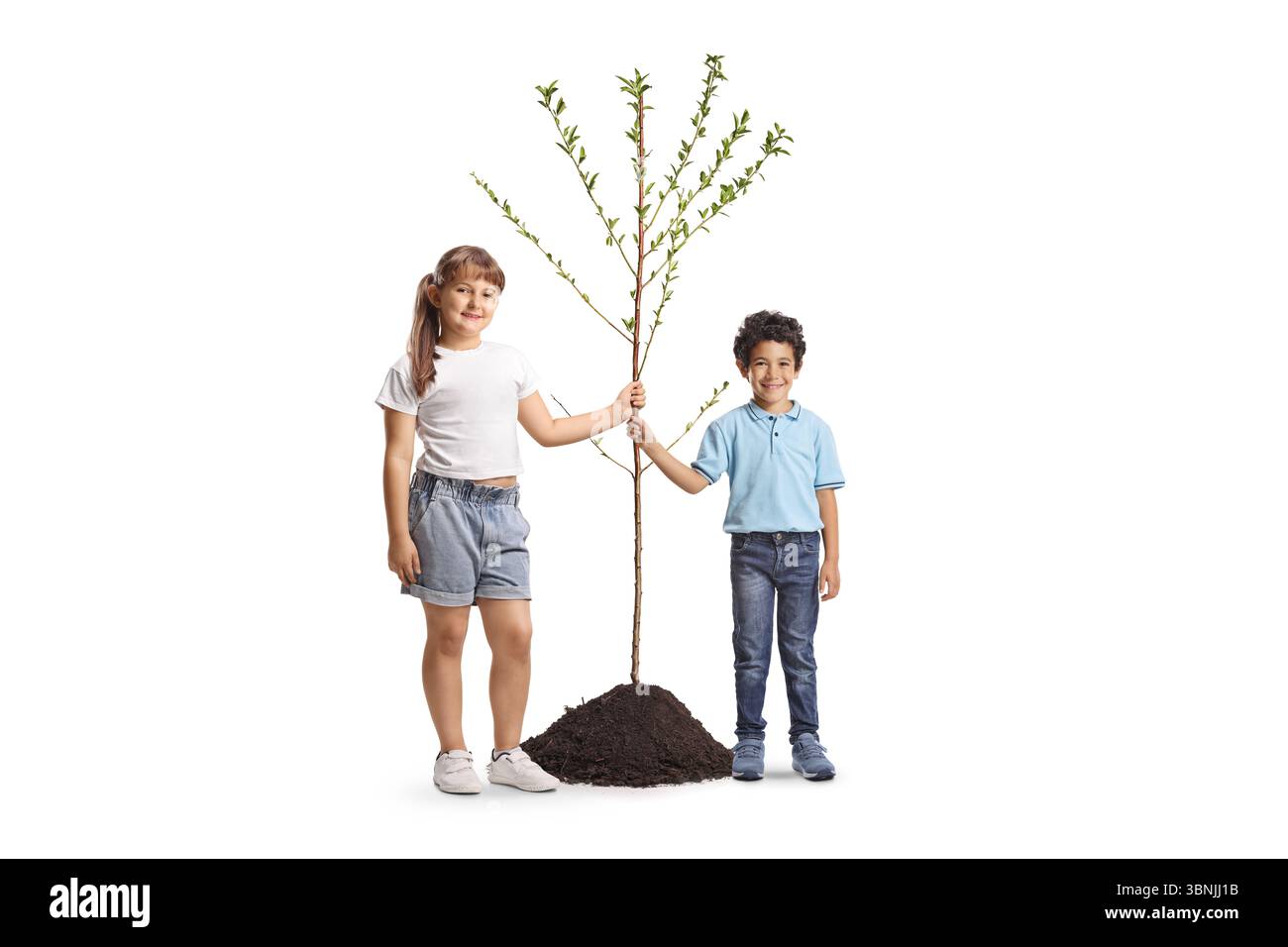 Porträt eines Mädchens und Jungen, der einen Baum auf weißem Hintergrund pflanzt Stockfoto