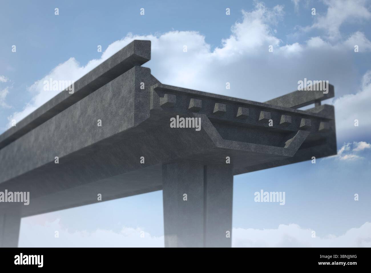 Die Betonüberlaufsäule steigt in flacher Bauweise und zeigt Träger mit Anschlussblöcken Stockfoto