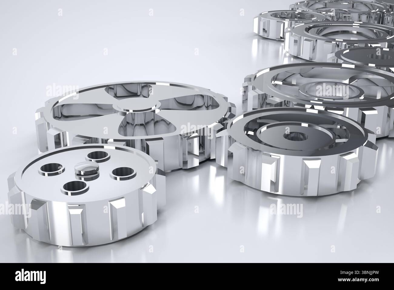 3D-Rendering zeigt polierte Metallzahnräder, die Licht auf glänzend weißer Plattform reflektieren und so Tiefe verleihen Stockfoto