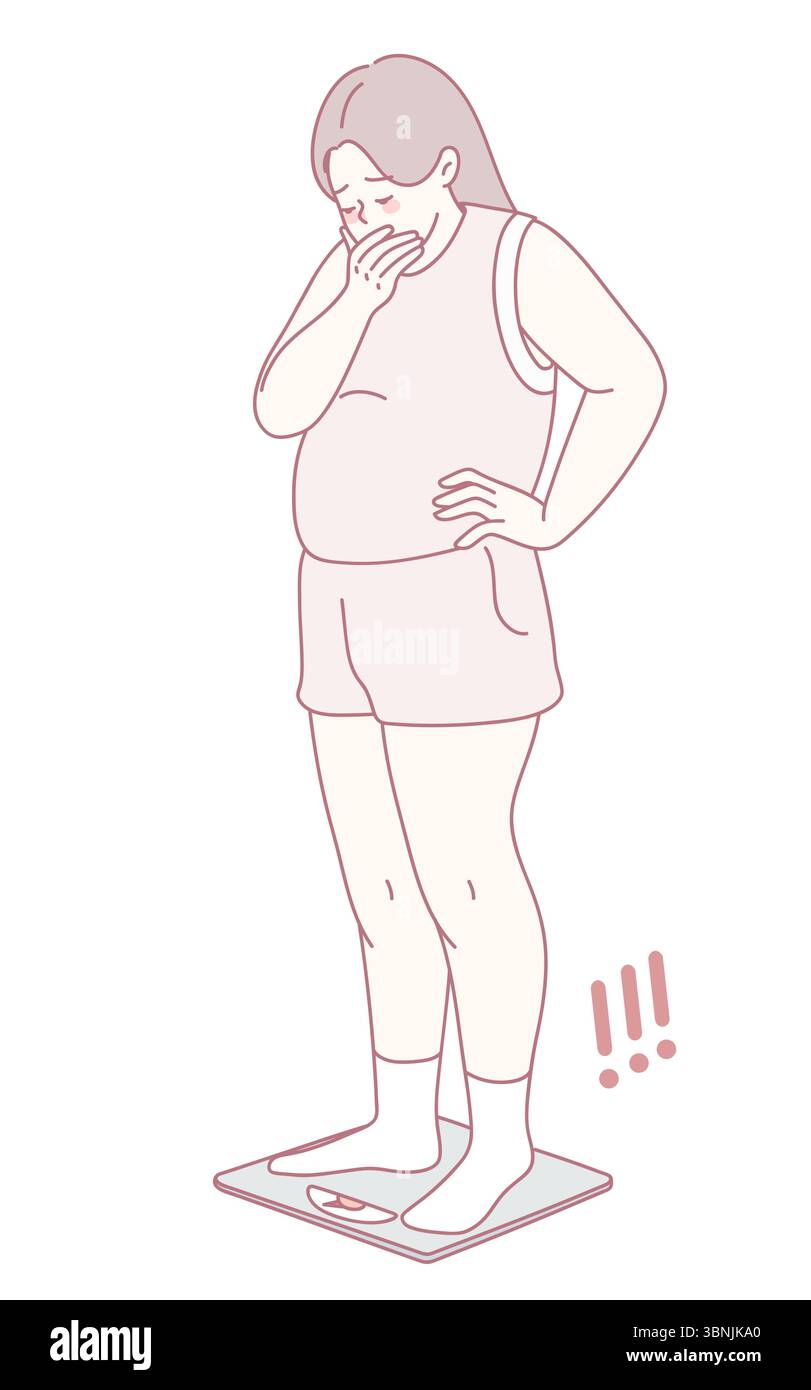 Eine Frau scheint sichtbar schockiert und überrascht zu sein, während sie sich auf einer Skala wiegt und Gefühle zeigt, die Besorgnis zeigen Stock Vektor