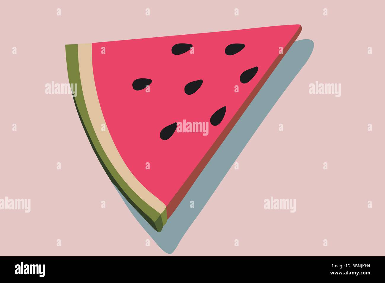 Ein lebendiges Stück Wassermelone mit grüner Rinde, saftigem rosafarbenem Fleisch und schwarzen Samen wird auf einem weichen pastellfarbenen Hintergrund platziert, perfekt für den Sommer Stockfoto