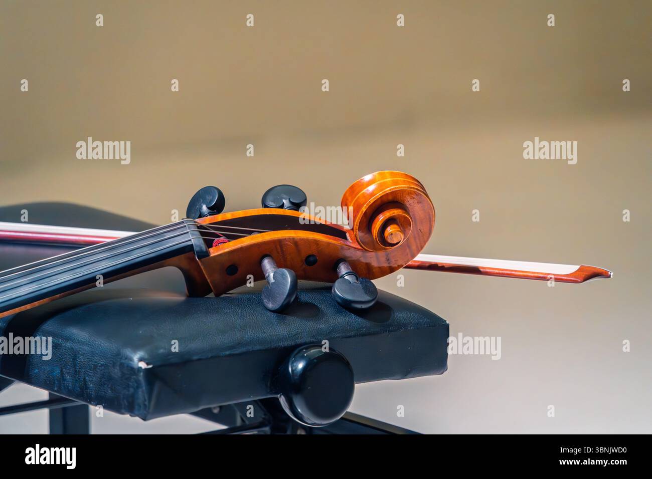 Detailreiches Bild mit Fokus auf die Rolle eines Cello, elegant auf einem schwarzen Hocker vor neutralem Hintergrund, das das komplizierte Desig einfängt Stockfoto
