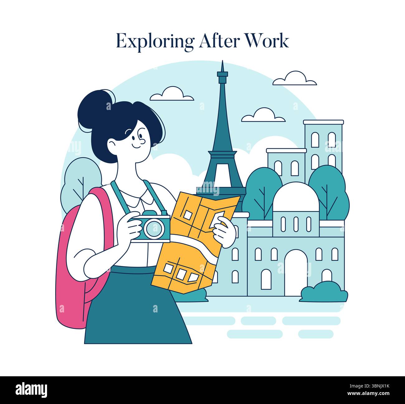 Eine professionelle Frau genießt es, die Stadt nach der Arbeit zu erkunden, Kamera in der Hand und Karte geöffnet. Die Szene fängt eine Mischung aus Freizeit und Entdeckung in einer lebhaften urbanen Umgebung voller berühmter Wahrzeichen ein. Stock Vektor