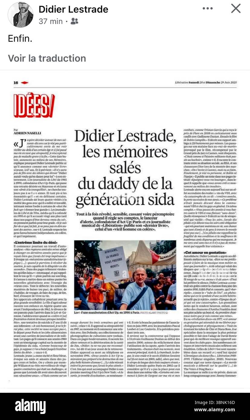 Paris, Frankreich, Presseclip, Act Up Paris, Didier Lestrade, AIDS-Aktivist, Archiv der 1990er Jahre, Foto in der Befreiung, Reportage Photography, 2025 Stockfoto