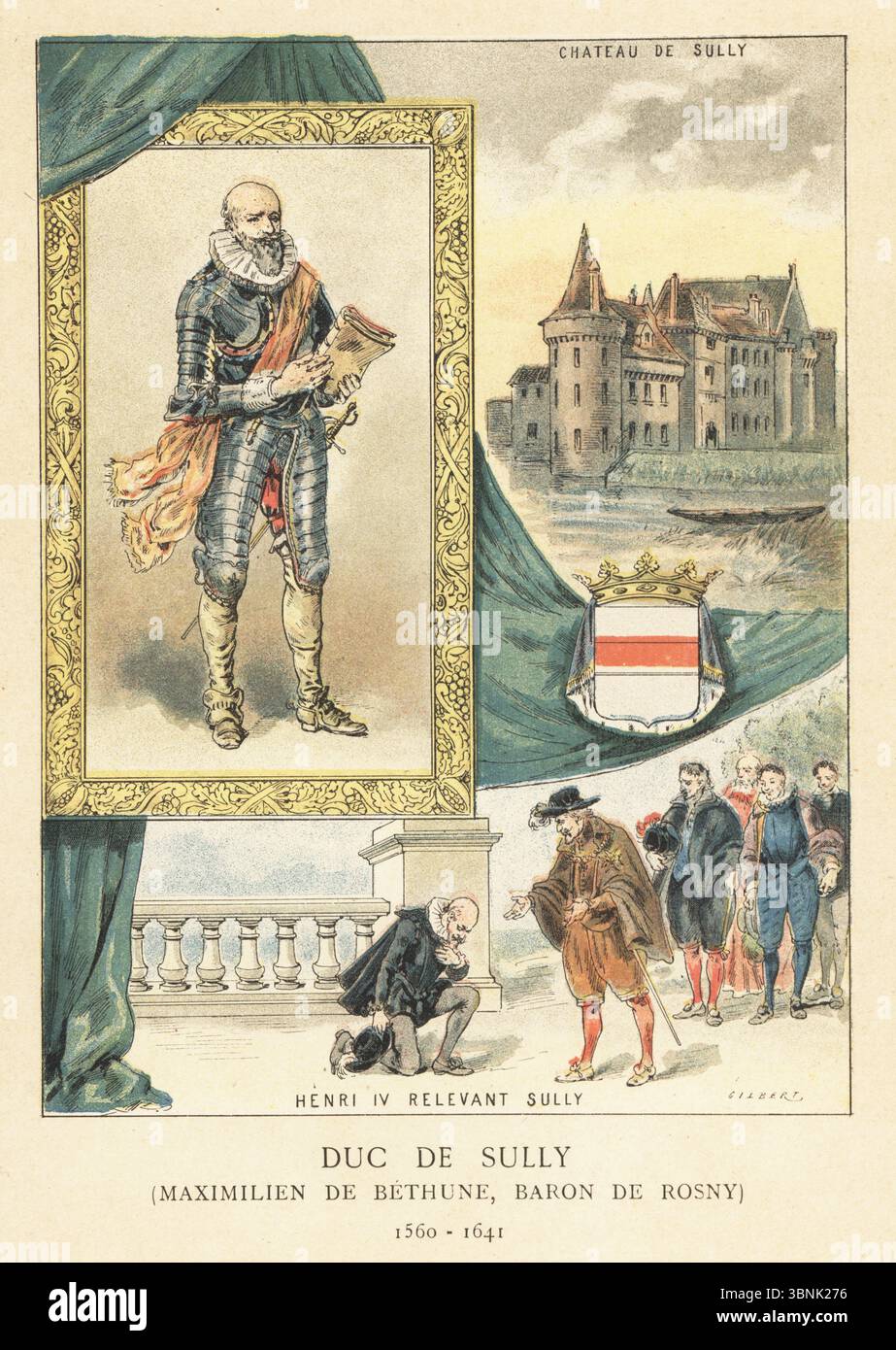 Duc de Sully, Maximilien de Bethune, Baron de Rosny, französischer Adliger, Soldat, Staatsmann, 1560-1641. Porträt in Rüstung mit einem Buch und Vignette von ihm mit König Henri IV. Blick auf das Schloss von Sully in Burgund mit Graben. Chromolithographie nach einer Illustration von Gilbert aus Madame Gustave Demoulin (Anais Gillet) Les Francaises illustres, The French Illustrated, Hachette, Paris, 1889. Stockfoto