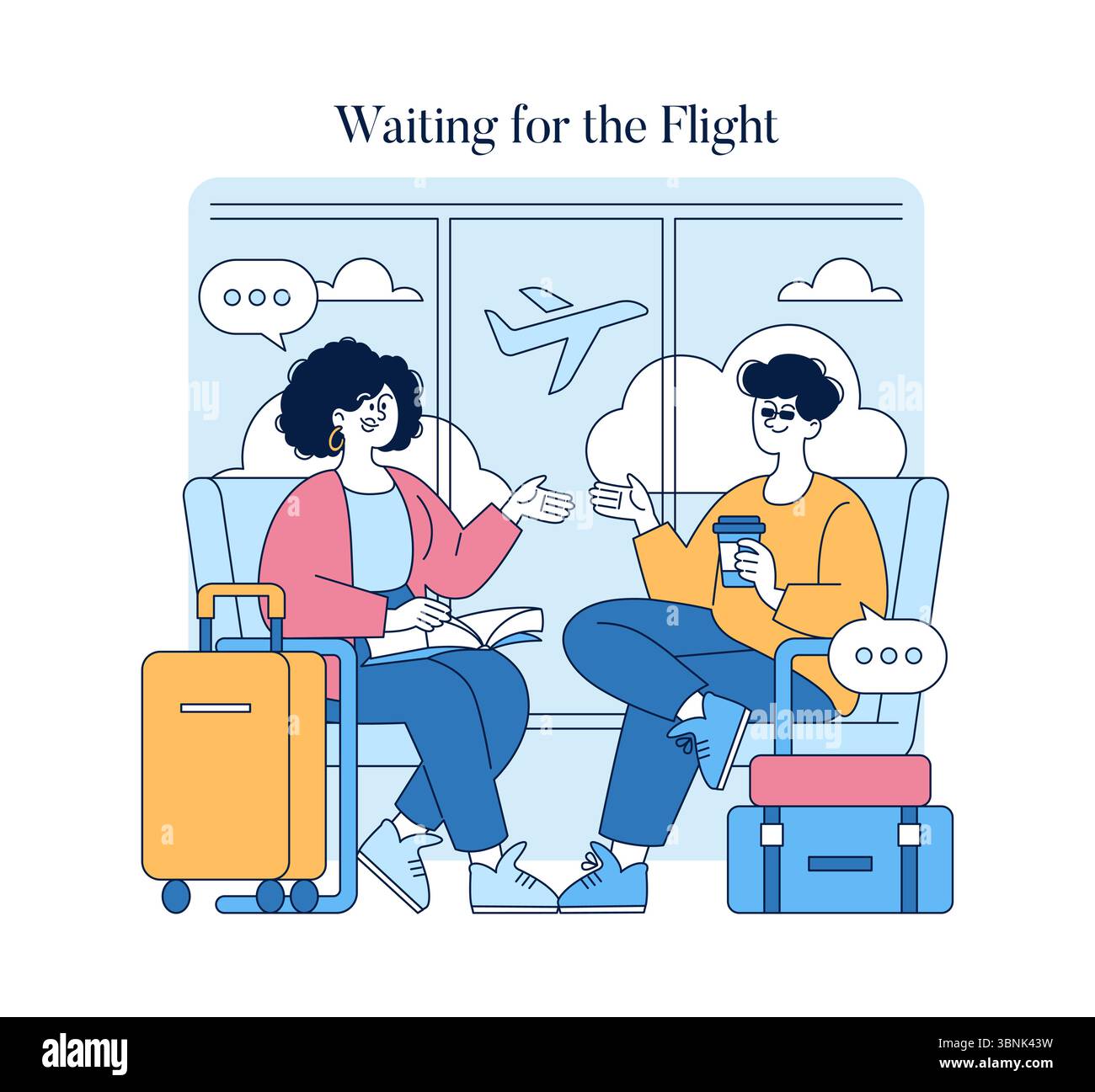 Reisende warten auf ihren Flug, während sie sich in einer gemütlichen Flughafenlounge unterhalten. Die Abbildung zeigt die Spannung und Vorfreude auf anstehende Reisen mit Gepäck im Blickfeld. Stock Vektor